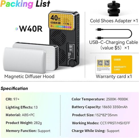 Moman Small LED Camera Light 40W, Full RGB Video Lights with Diffuser, App Control, 2500-9000K, CRI 97+, USB-C Fast Charging, Portable Photography Fill Light for Sony Canon Video Recording in Kuwait