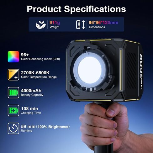 COLBOR 60W LED Video Light, Portable RGBCW COB Light with Built-in 59Wh Battery, 2700K-6500K Bi-Color & Full Color, CRI 96+, App Control, Support PD/DC Power, Photography Light for Outdoor Studio in Kuwait