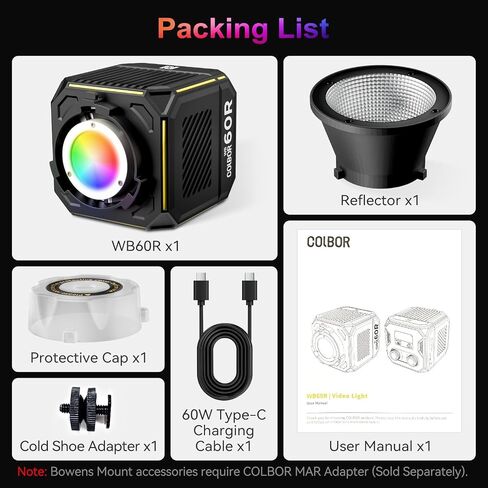 COLBOR 60W LED Video Light, Portable RGBCW COB Light with Built-in 59Wh Battery, 2700K-6500K Bi-Color & Full Color, CRI 96+, App Control, Support PD/DC Power, Photography Light for Outdoor Studio in Kuwait