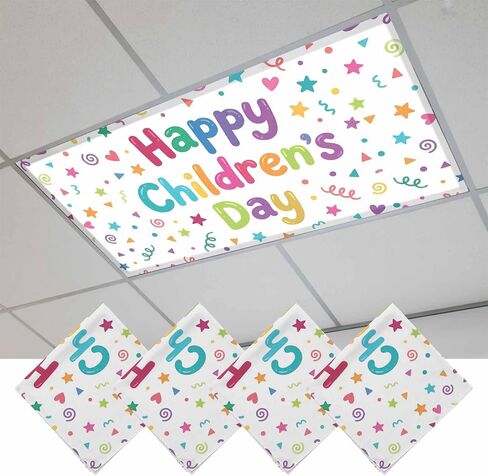 Happy Children's Day Magnetic Fluorescent Light Covers for Ceiling Lights 2x4 Ft,Modern Ribbons Stars Love Hearts Office Classroom Kitchen Drop Ceiling Light Covers Filters Shade Panel 2 Packs in Kuwait