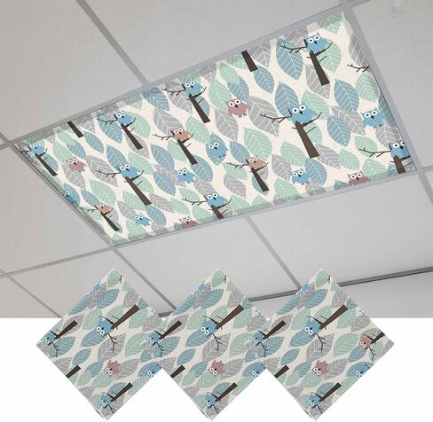 Cute Owl Magnetic Fluorescent Light Covers for Ceiling Lights 2x4 Ft,Farmhouse Cartoon Animal Green Blue Leaves Trees Office Classroom Kitchen Drop Ceiling Light Covers Filters Shade Panel 3 Packs in Kuwait