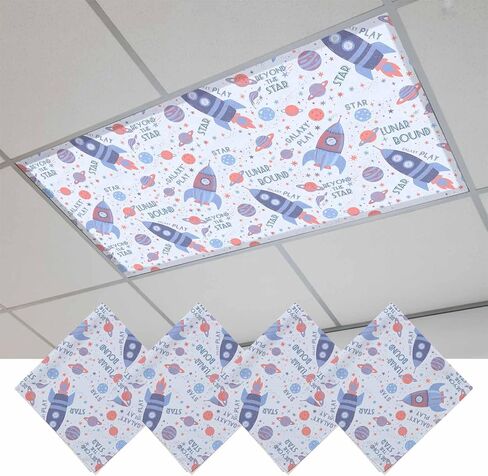 Blue Red Rocket Magnetic Fluorescent Light Covers for Ceiling Lights 2x4 Ft, Cartoon Stars Modern Abstract Art Office Classroom Kitchen Drop Ceiling Light Covers Lighting Filters Shade Panel 3 Packs in Kuwait