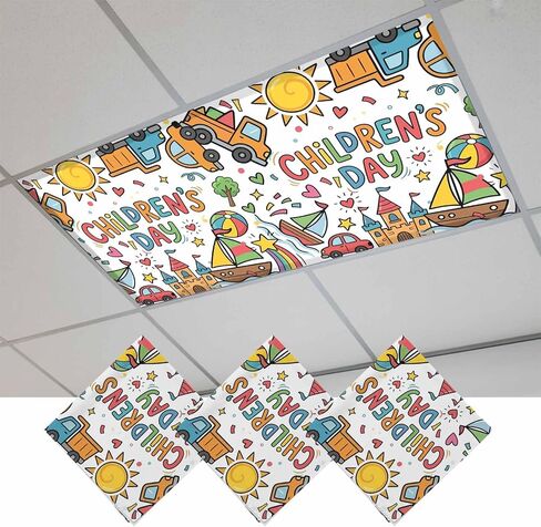 Pink Children's Day Magnetic Fluorescent Light Covers for Ceiling Lights 2x4 Ft,Car Tree Stars Modern Abstract Art Cartoon Office Classroom Kitchen Drop Ceiling Light Covers Filters Shade Panel 2Packs in Kuwait