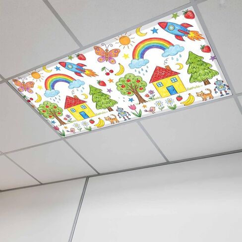 Children's Day Magnetic Fluorescent Light Covers for Ceiling Lights 2x4 Ft,Cartoon Painting Rainbow Rocket Butterfly Office Classroom Kitchen Drop Ceiling Light Covers Filters Shade Panel 1 Pack in Kuwait