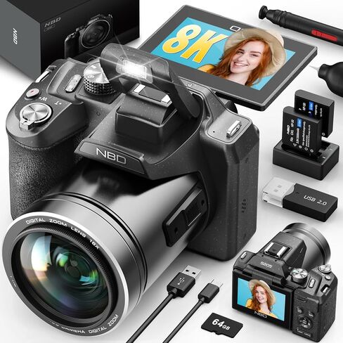 8K 64MP Digital Cameras for Photography, Autofocus & Anti-Shake, 16X Zoom, WiFi, with 180° Flip Screen, 64GB TF Card & 2 Batteries, Professional Camera for YouTube Vlogging Live Streaming (Black) in Kuwait