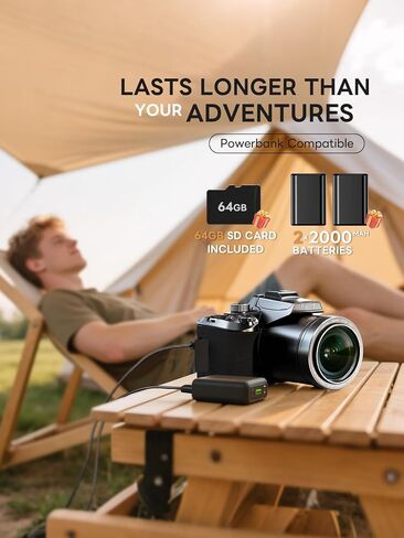 8K 64MP Digital Cameras for Photography, Autofocus & Anti-Shake, 16X Zoom, WiFi, with 180° Flip Screen, 64GB TF Card & 2 Batteries, Professional Camera for YouTube Vlogging Live Streaming (Black) in Kuwait