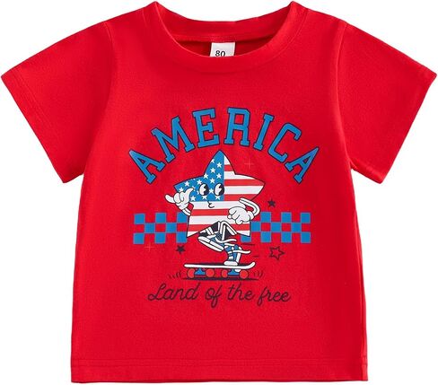 Toddler Boy Girl 4th of July Outfit Funny Short Sleeve America Flag Star Baby Red White Blue Shirt Tops in Kuwait