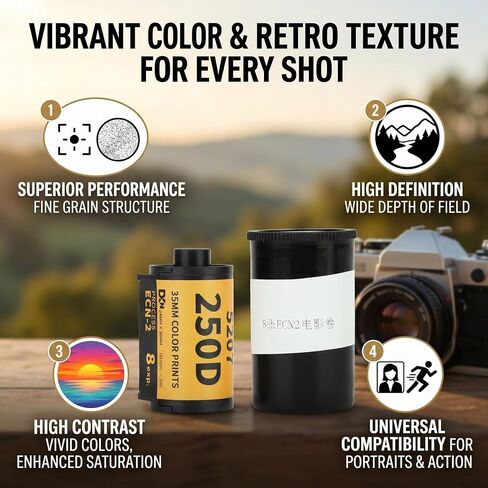 35mm Professional Color Print Film, 8 Sheets ECN-2 for 135 Cameras | HD Fine Grain, Wide Exposure Range, High Saturation Contrast Retro Tone, for Portrait & Motion Shooting in Kuwait