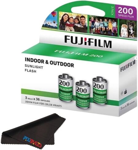 Fujifilm Fujicolor 200 ISO 35mm Color Film – 3 Pack (36 Exposures Each) + PixiBytes Microfiber Cleaning Cloth Color Negative Film (200 Speed, 1 Pack (3 Rolls)) in Kuwait
