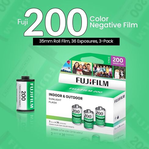 Fujifilm Fujicolor 200 ISO 35mm Color Film – 3 Pack (36 Exposures Each) + PixiBytes Microfiber Cleaning Cloth Color Negative Film (200 Speed, 1 Pack (3 Rolls)) in Kuwait