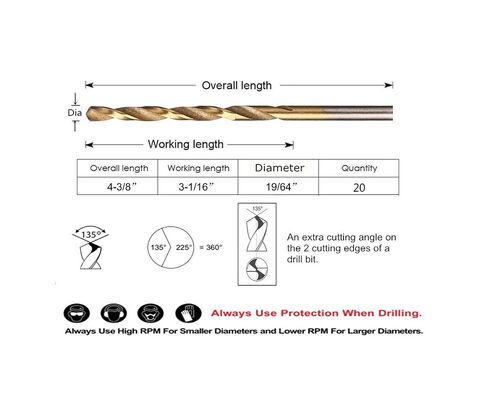 20PCS, 19/64", Titanium Coated Twist Drill Bits in Kuwait