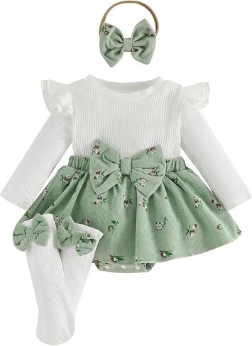 MERSARIPHY Baby Girl Fall Winter Clothes Set Newborn Romper Dresses Outfit | Long Sleeve Knitted Romper Dress + Sock + Headband,Photoshoot Outfit,Halloween Thanksgiving Christmas Baby Girl Outfits in Kuwait