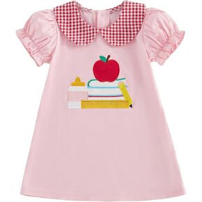 Little Girl Back To School Outfit Ruffle Short Sleeve A-line Summer Dress | Toddler Baby Girl First Day Of School Outfit Doll Collar Apple Pencil Embroidery Ruffle Trim Dress Pre Kindergarten Clothes in Kuwait