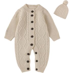 Baby Knit Sweater Romper Newborn Infant Long Sleeve Ribbed Outfit Clothes for Boys Girls with Beanie Hat Set in Kuwait