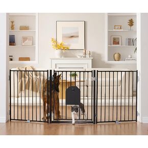 No Pawblems Dog Gate with Cat Door, Free Standing 30'' Tall Foldable Dog Fence for Indoor & Outdoor, Up to 78 Inch Extra Wide Puppy Gate for Stairs, Hallways, Doorways, Deck, Yard (Black, 3 Panels) in Saudi Arabia