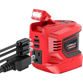 LIVOWALNY 220W-250W Power Inverter, Compatible with DeWALT 20V Battery, DC 20V to AC 110V-120V Portable Power Inverter, 1 AC Outlet, 2 USB Ports & 1 Type-C Port, Adjustable LED Work Light, (Tool Only) in Kuwait