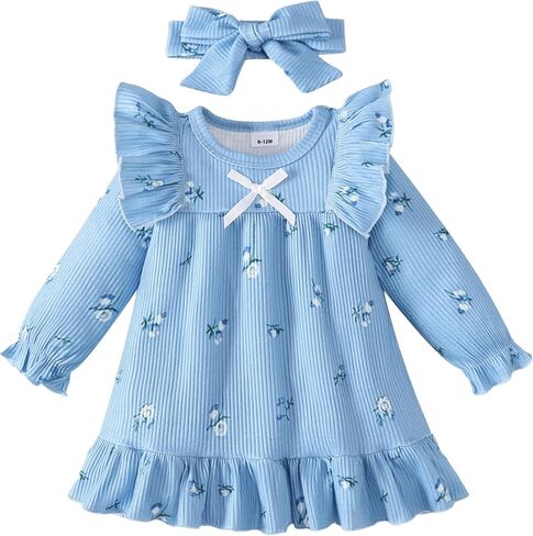 Renotemy Infant Baby Girl Dress Toddler Girls Outfits Fall Winter Dresses Long Sleeve Ruffle Bow Clothes with Headband 3M-3T in Kuwait