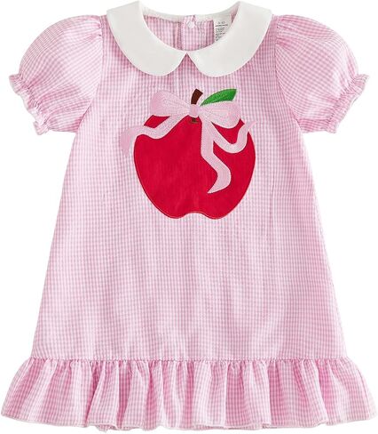 Little Girl Back To School Outfit Ruffle Short Sleeve A-line Summer Dress | Toddler Baby Girl First Day Of School Outfit Doll Collar Apple Pencil Embroidery Ruffle Trim Dress Pre Kindergarten Clothes in Kuwait