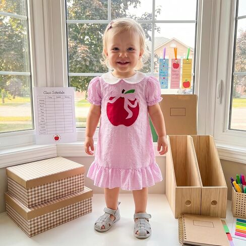 Little Girl Back To School Outfit Ruffle Short Sleeve A-line Summer Dress | Toddler Baby Girl First Day Of School Outfit Doll Collar Apple Pencil Embroidery Ruffle Trim Dress Pre Kindergarten Clothes in Kuwait