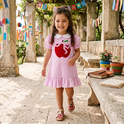 Little Girl Back To School Outfit Ruffle Short Sleeve A-line Summer Dress | Toddler Baby Girl First Day Of School Outfit Doll Collar Apple Pencil Embroidery Ruffle Trim Dress Pre Kindergarten Clothes in Kuwait
