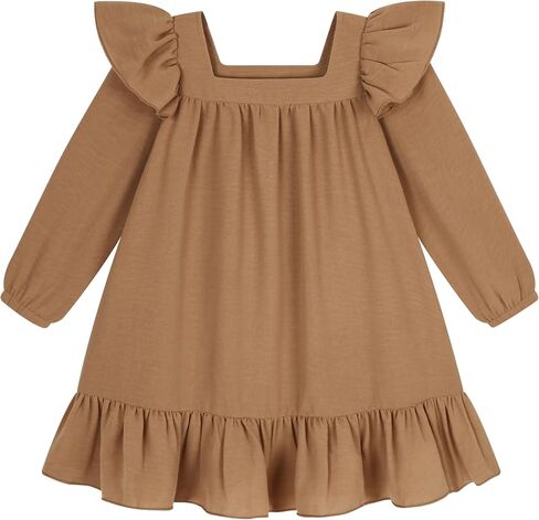Toddler Girl Dress Casual Fall Winter Dresses Outfit 18M-6Y | Lantern Long Sleeve Solid Color Little Girls A-Line Clothes Family Photo Outfits Square Neck Dress in Kuwait