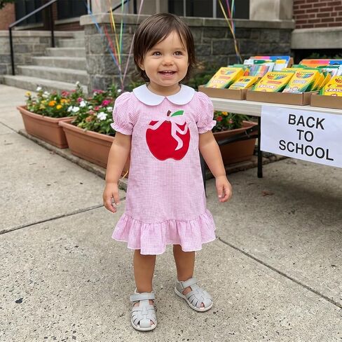 Little Girl Back To School Outfit Ruffle Short Sleeve A-line Summer Dress | Toddler Baby Girl First Day Of School Outfit Doll Collar Apple Pencil Embroidery Ruffle Trim Dress Pre Kindergarten Clothes in Kuwait