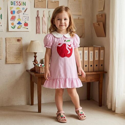 Little Girl Back To School Outfit Ruffle Short Sleeve A-line Summer Dress | Toddler Baby Girl First Day Of School Outfit Doll Collar Apple Pencil Embroidery Ruffle Trim Dress Pre Kindergarten Clothes in Kuwait