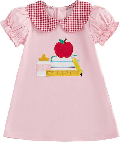 Little Girl Back To School Outfit Ruffle Short Sleeve A-line Summer Dress | Toddler Baby Girl First Day Of School Outfit Doll Collar Apple Pencil Embroidery Ruffle Trim Dress Pre Kindergarten Clothes in Kuwait