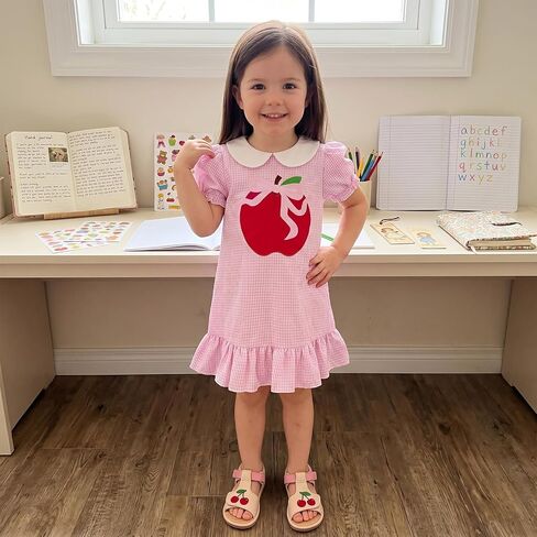 Little Girl Back To School Outfit Ruffle Short Sleeve A-line Summer Dress | Toddler Baby Girl First Day Of School Outfit Doll Collar Apple Pencil Embroidery Ruffle Trim Dress Pre Kindergarten Clothes in Kuwait