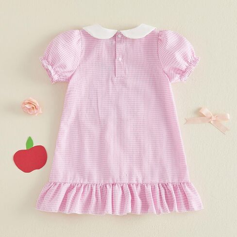 Little Girl Back To School Outfit Ruffle Short Sleeve A-line Summer Dress | Toddler Baby Girl First Day Of School Outfit Doll Collar Apple Pencil Embroidery Ruffle Trim Dress Pre Kindergarten Clothes in Kuwait