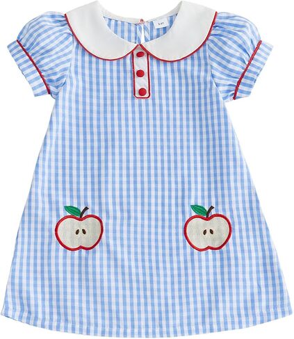 Little Girl Back To School Outfit Ruffle Short Sleeve A-line Summer Dress | Toddler Baby Girl First Day Of School Outfit Doll Collar Apple Pencil Embroidery Ruffle Trim Dress Pre Kindergarten Clothes in Kuwait
