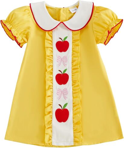 Little Girl Back To School Outfit Ruffle Short Sleeve A-line Summer Dress | Toddler Baby Girl First Day Of School Outfit Doll Collar Apple Pencil Embroidery Ruffle Trim Dress Pre Kindergarten Clothes in Kuwait