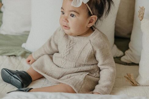 Copper Pearl Sweater Dress: Super-Soft and Stretchy Baby Knit Sweater Dress with Heart Detail - Stylish Baby Clothes Cable Knit Baby Dress - Oatmeal, 18-24m in Kuwait