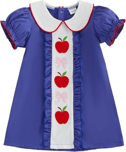 Little Girl Back To School Outfit Ruffle Short Sleeve A-line Summer Dress | Toddler Baby Girl First Day Of School Outfit Doll Collar Apple Pencil Embroidery Ruffle Trim Dress Pre Kindergarten Clothes in Kuwait