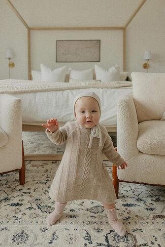 Copper Pearl Sweater Dress: Super-Soft and Stretchy Baby Knit Sweater Dress with Heart Detail - Stylish Baby Clothes Cable Knit Baby Dress - Oatmeal, 18-24m in Kuwait
