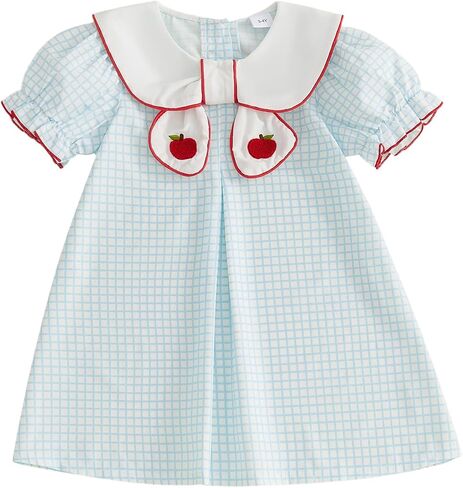 Little Girl Back To School Outfit Ruffle Short Sleeve A-line Summer Dress | Toddler Baby Girl First Day Of School Outfit Doll Collar Apple Pencil Embroidery Ruffle Trim Dress Pre Kindergarten Clothes in Kuwait