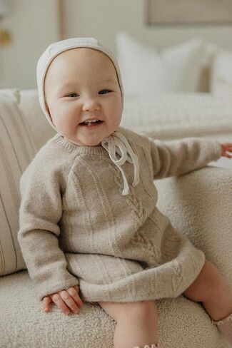 Copper Pearl Sweater Dress: Super-Soft and Stretchy Baby Knit Sweater Dress with Heart Detail - Stylish Baby Clothes Cable Knit Baby Dress - Oatmeal, 18-24m in Kuwait