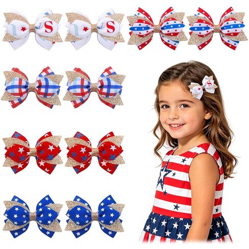 YHXX YLEN 10PCS 4th of July Hair Bows for Girls, Patriotic Grosgrain Ribbon Hair Bow Clips for Independence Day, Glitter Red White and Blue Hair Accessories for Toddlers Kids Baby Girls in Kuwait
