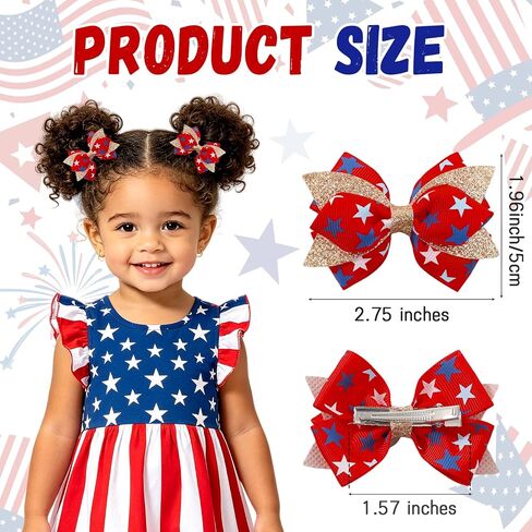 YHXX YLEN 10PCS 4th of July Hair Bows for Girls, Patriotic Grosgrain Ribbon Hair Bow Clips for Independence Day, Glitter Red White and Blue Hair Accessories for Toddlers Kids Baby Girls in Kuwait