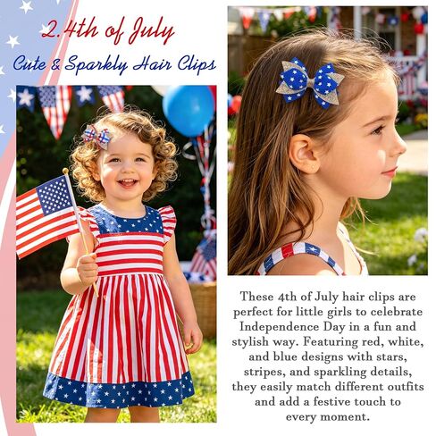 YHXX YLEN 10PCS 4th of July Hair Bows for Girls, Patriotic Grosgrain Ribbon Hair Bow Clips for Independence Day, Glitter Red White and Blue Hair Accessories for Toddlers Kids Baby Girls in Kuwait