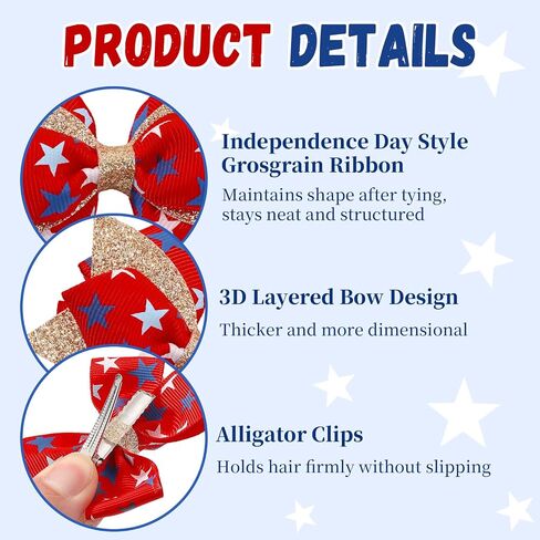 YHXX YLEN 10PCS 4th of July Hair Bows for Girls, Patriotic Grosgrain Ribbon Hair Bow Clips for Independence Day, Glitter Red White and Blue Hair Accessories for Toddlers Kids Baby Girls in Kuwait