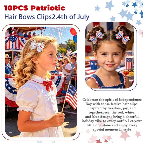 YHXX YLEN 10PCS 4th of July Hair Bows for Girls, Patriotic Grosgrain Ribbon Hair Bow Clips for Independence Day, Glitter Red White and Blue Hair Accessories for Toddlers Kids Baby Girls in Kuwait