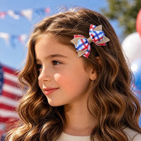YHXX YLEN 10PCS 4th of July Hair Bows for Girls, Patriotic Grosgrain Ribbon Hair Bow Clips for Independence Day, Glitter Red White and Blue Hair Accessories for Toddlers Kids Baby Girls in Kuwait