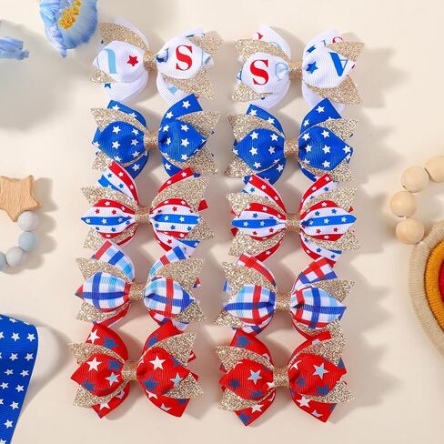 YHXX YLEN 10PCS 4th of July Hair Bows for Girls, Patriotic Grosgrain Ribbon Hair Bow Clips for Independence Day, Glitter Red White and Blue Hair Accessories for Toddlers Kids Baby Girls in Kuwait