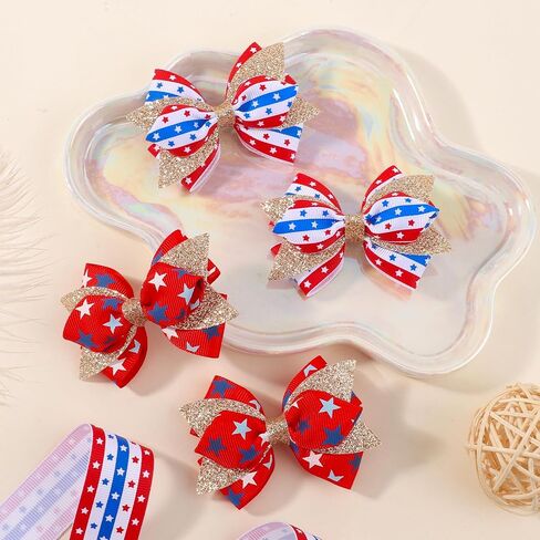 YHXX YLEN 10PCS 4th of July Hair Bows for Girls, Patriotic Grosgrain Ribbon Hair Bow Clips for Independence Day, Glitter Red White and Blue Hair Accessories for Toddlers Kids Baby Girls in Kuwait