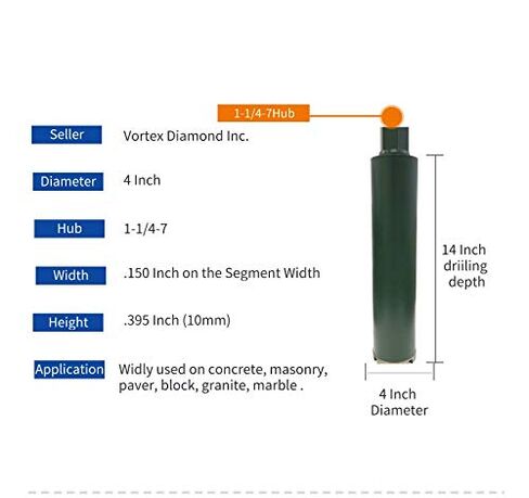 VORTEX DIAMOND VCB 4 Inch Wet Concrete Diamond Core Drill Bit for Concrete Stone Granite Marble (4") in Kuwait