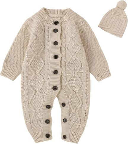 Baby Knit Sweater Romper Newborn Infant Long Sleeve Ribbed Outfit Clothes for Boys Girls with Beanie Hat Set in Kuwait