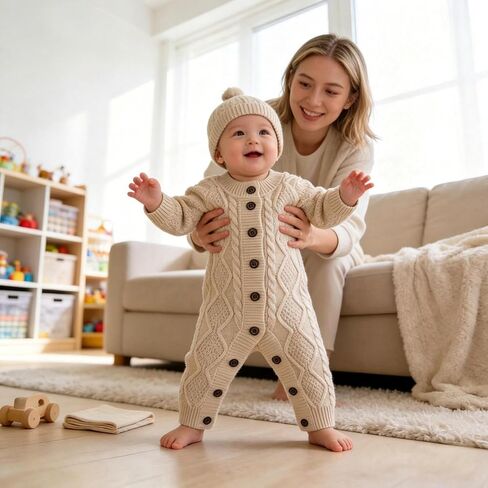 Baby Knit Sweater Romper Newborn Infant Long Sleeve Ribbed Outfit Clothes for Boys Girls with Beanie Hat Set in Kuwait