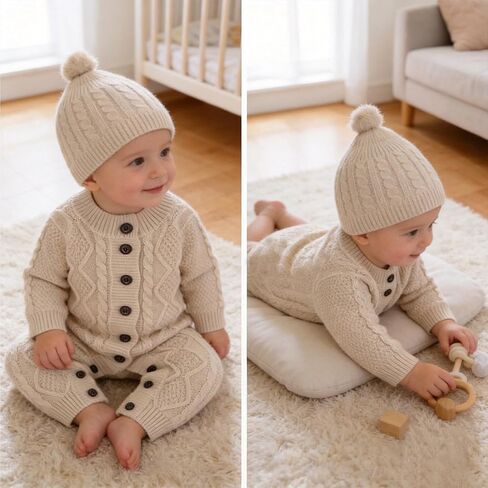 Baby Knit Sweater Romper Newborn Infant Long Sleeve Ribbed Outfit Clothes for Boys Girls with Beanie Hat Set in Kuwait