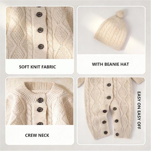 Baby Knit Sweater Romper Newborn Infant Long Sleeve Ribbed Outfit Clothes for Boys Girls with Beanie Hat Set in Kuwait